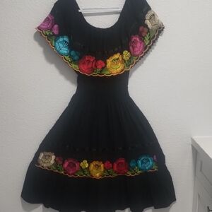 Embroidered Black Dress with Multicolor Floral Accents